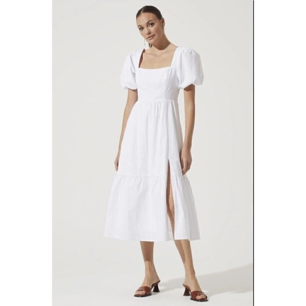 ASTR the Label BNWOT womens white poplin puff sleeve dress sz Medium side slit